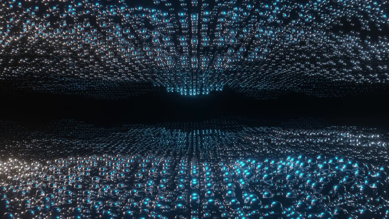 Abstract 3D looping animation. Movement through tunnel of balls. Design. tunnel of silver balls on black background. Moving through beautiful silver tunnel in space. 3d render
