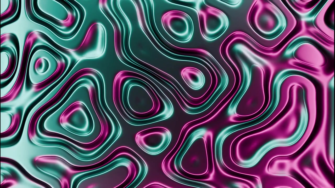 Full-frame abstract surface in teal and magenta with layered ridges, rounded depressions, smooth sheen, and shifting reflective highlights that create vivid depth and modern visual energy