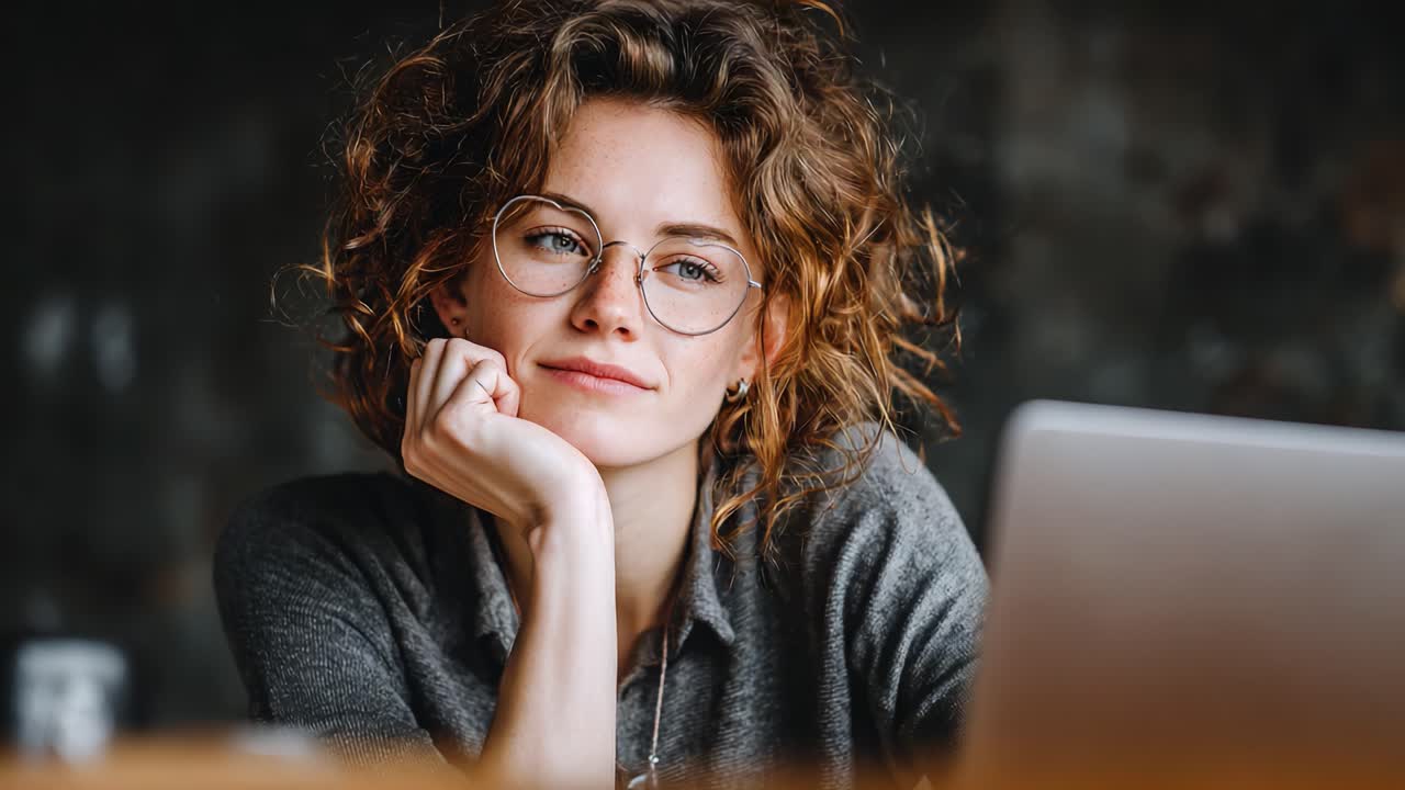 Reflekterende øjeblik: En ung kvinde med krøllet hår og briller sidder ved et skrivebord med en bærbar computer i hyggelige omgivelser og tænker eftertænksomt.
