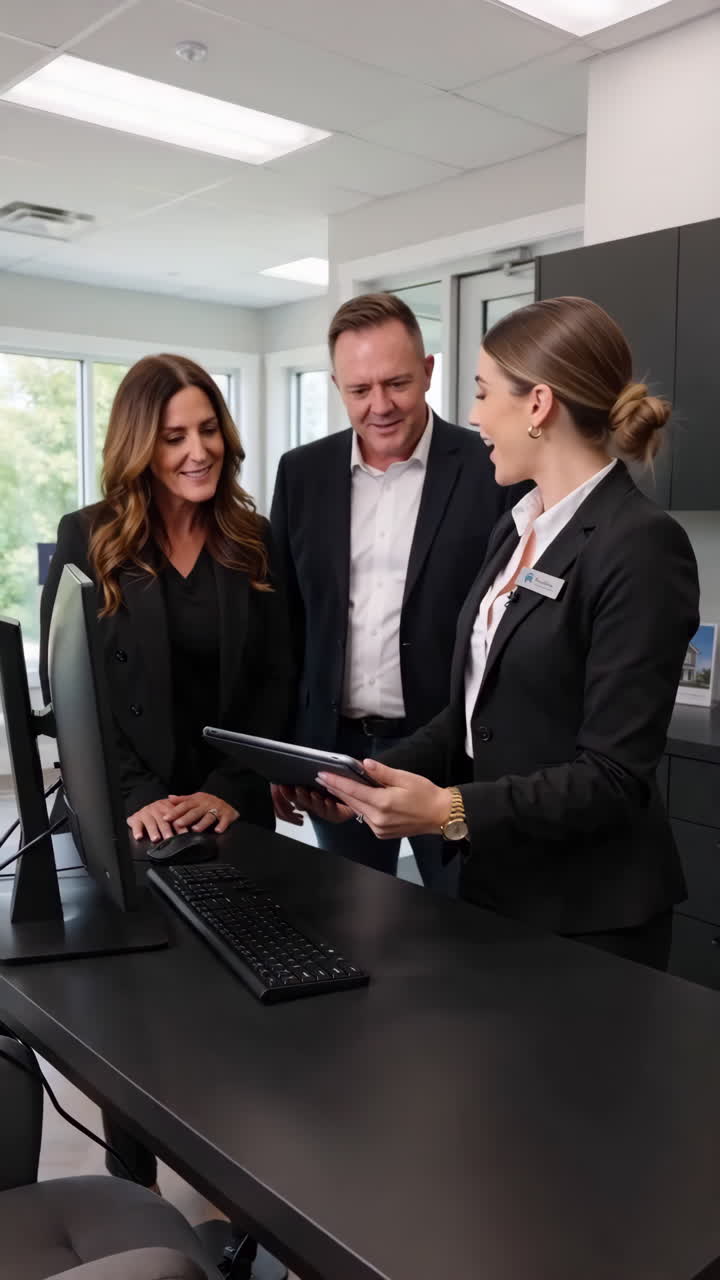 Agente immobiliare caucasico che presenta un tablet a una coppia sorridente all'interno di un ufficio moderno, mostrando immagini di annunci immobiliari.