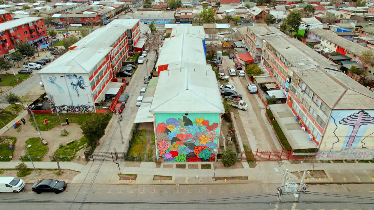 Aerial view establishing the open air museum of San Miguel in Santiago de Chile, Las Flores Mural. Residential neighborhood recovered through art