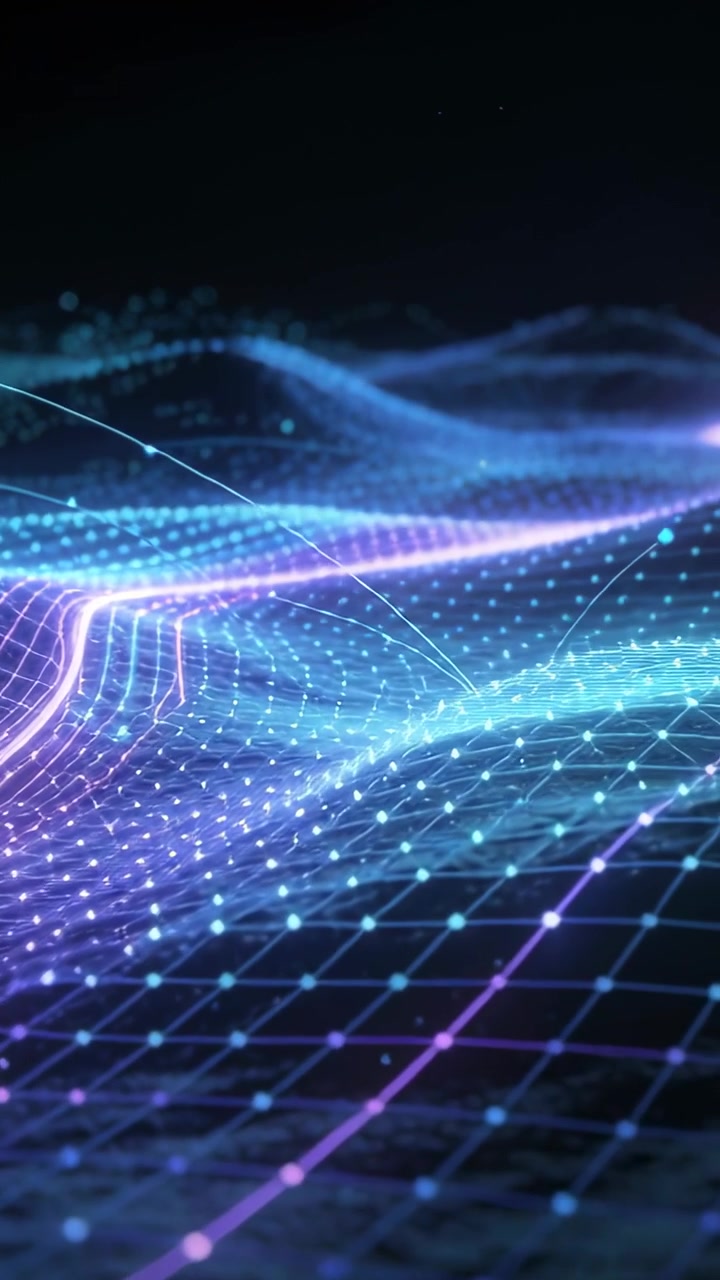 Vertical video: Playback starting glowing 3D mesh grid undulating in dark void, with light arcs