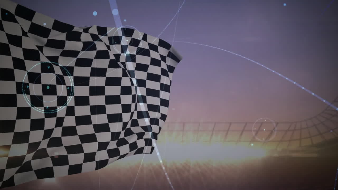 Black white checkered flag rippling in abstract 3D render, with wireframe grid and light streaks