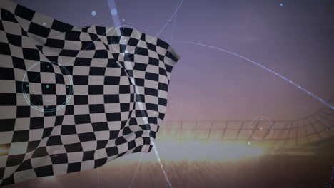 Black white checkered flag rippling in abstract 3D render, with wireframe grid and light streaks