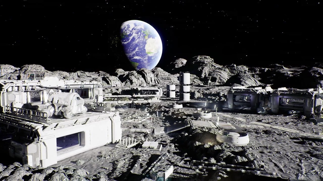 Space station view nighttime lunar observatory with sensors and domes
