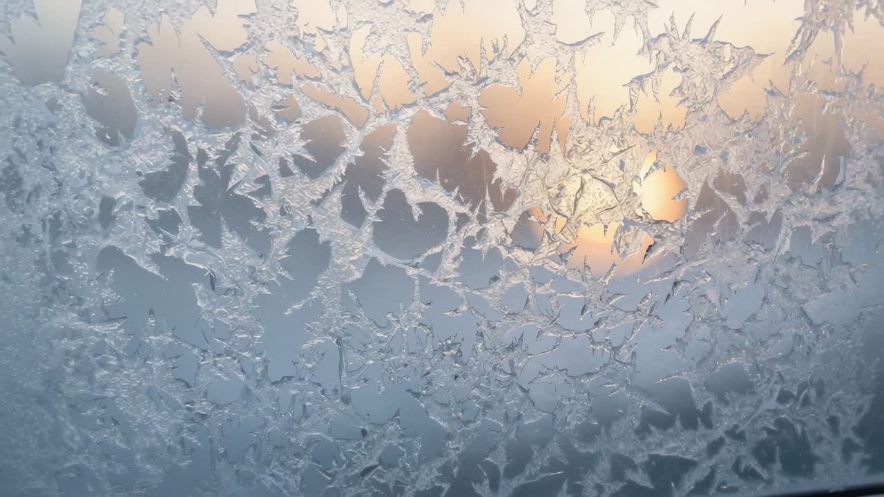Spostamento della camera che rivela cristalli di ghiaccio sul vetro della finestra all'alba, evidenziando il bagliore del sole e il davanzale
