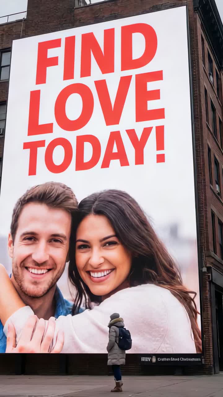 Video verticale: uomo che entra camminando con cappotto, zaino accanto al cartellone pubblicitario di FIND LOVE, cambio di angolazione della camera