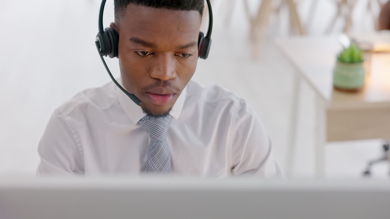Sales, black man and computer in call center