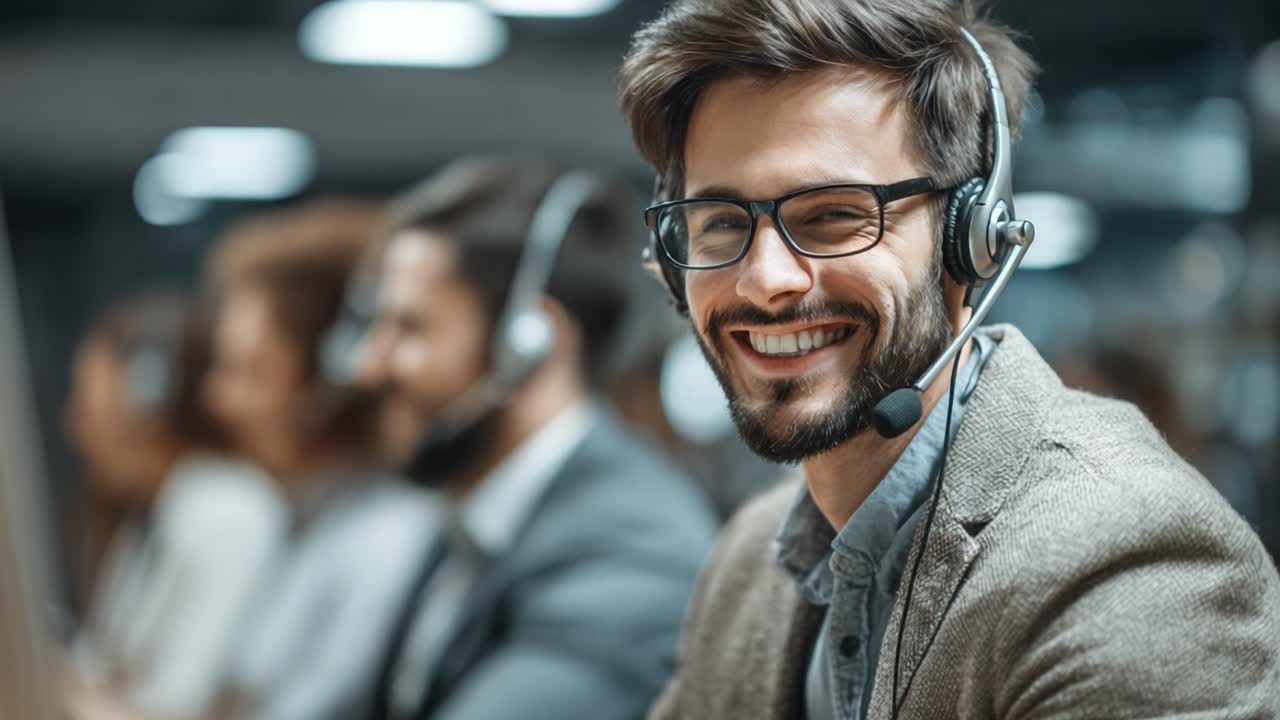 Um representante de atendimento ao cliente sorrindo confiantemente enquanto oferece atendimento em um ambiente dinâmico de call center com colegas ao fundo