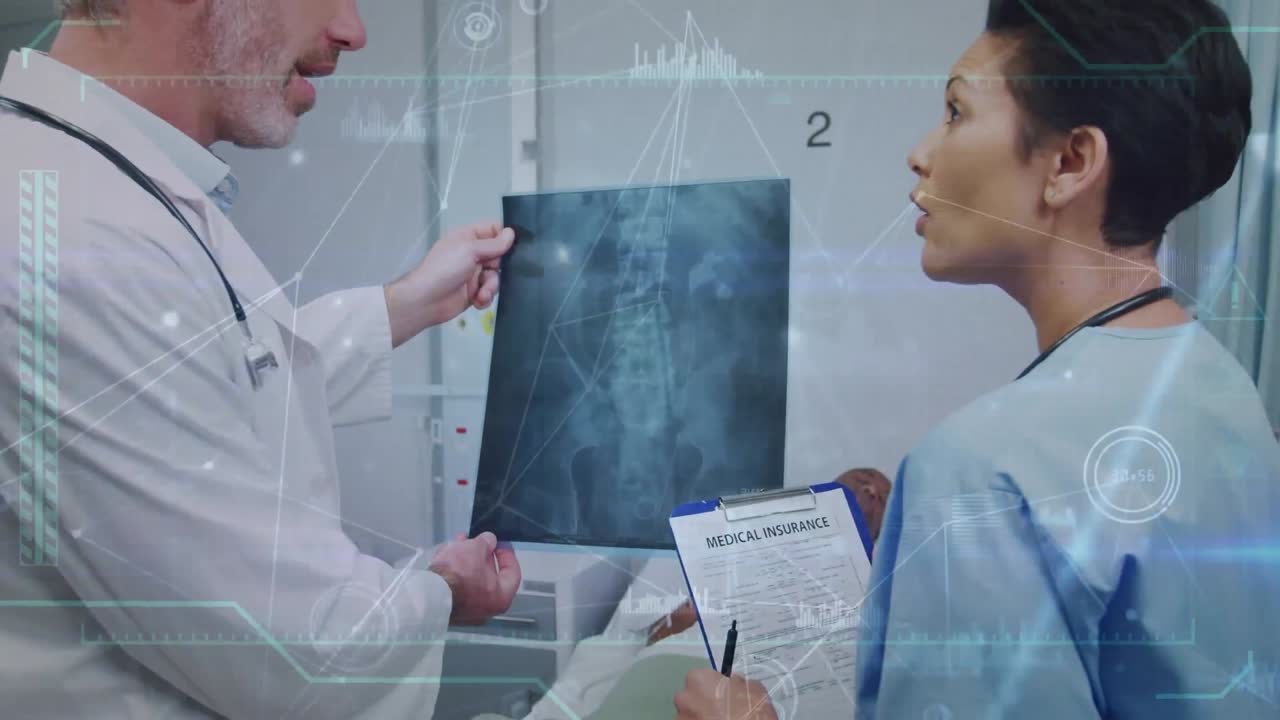 Animation of network of connections on caucasian male and female doctors examining x-ray at hospital