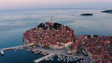 Panoramic-View-Of-Rovinj-Old-Town-And-Harbor-In-Istria-By-The-Adriatic-Sea-In-Croatia-During-Sunrise