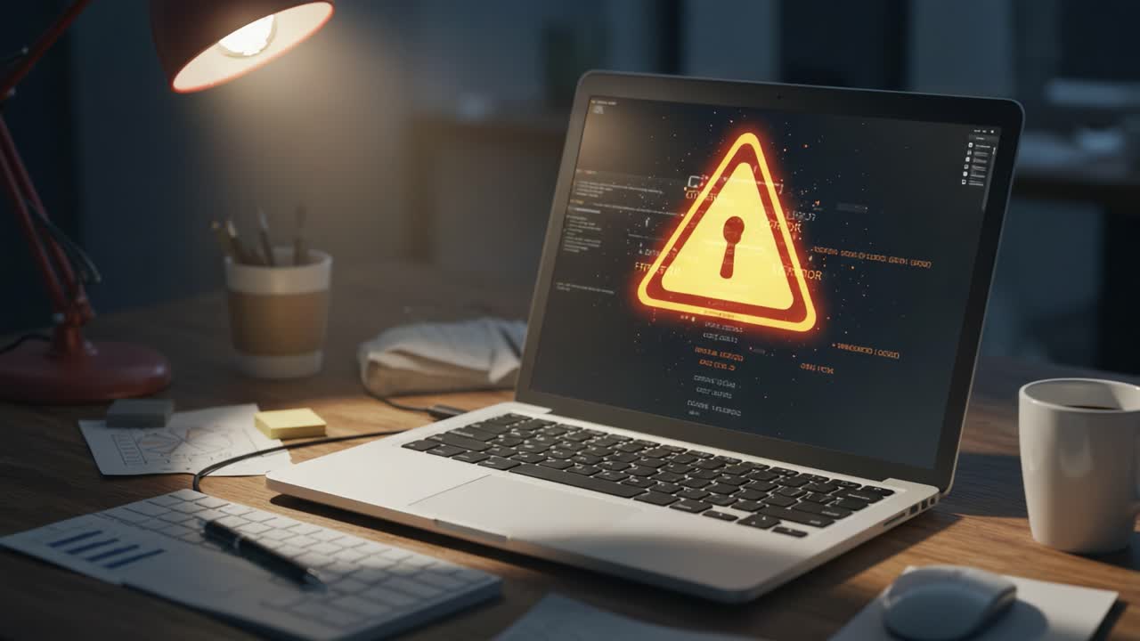A tense moment captured in the glow of a desk lamp, showcasing a laptop displaying a security warning symbol that highlights potential cybersecurity threats and vulnerabilities