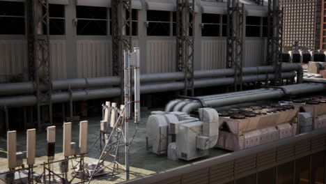 a view of a rooftop with industrial equipment in the city