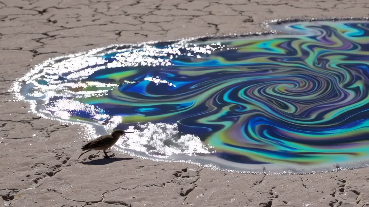 Bird by a Colorful Puddle in a Dry Desert
