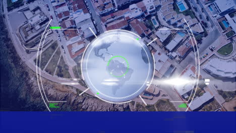 animación de escaneo de alcance con globo y red de conexiones sobre el paisaje urbano