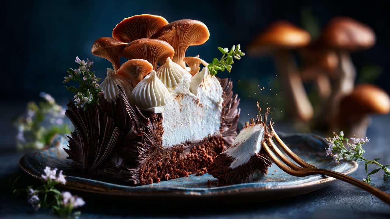 A Beautifully Crafted Chocolate Cake with Whipped Cream and Edible Mushroom Decorations, Displayed on a Rustic Plate with a Fork Beside It, Exuding Culinary Artistry and Gourmet Presentation