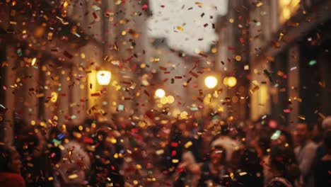 a vibrant celebration captured in two moments: a street filled with confetti and joy, illuminated by soft lights amidst a crowded gathering of festive spirits