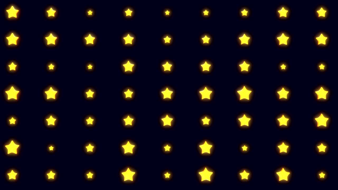 estrellas amarillas de dibujos animados 3d realistas volando y girando sobre fondo negro. concepto brillante abstracto para juegos o decoración de transmisión. animación 3d de bucle.