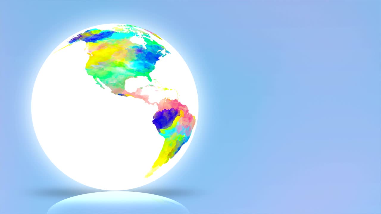 seamless loop repeat turning around animated of globe ball in fresh colorful watercolor map with glowing light and reflection