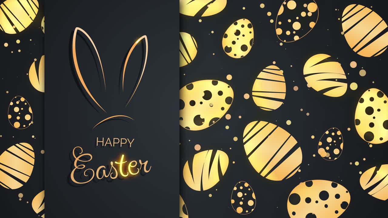 Bunny ears and festive greeting card with inscription Happy Easter on black background. Golden Easter eggs with patterns. Looped animation.