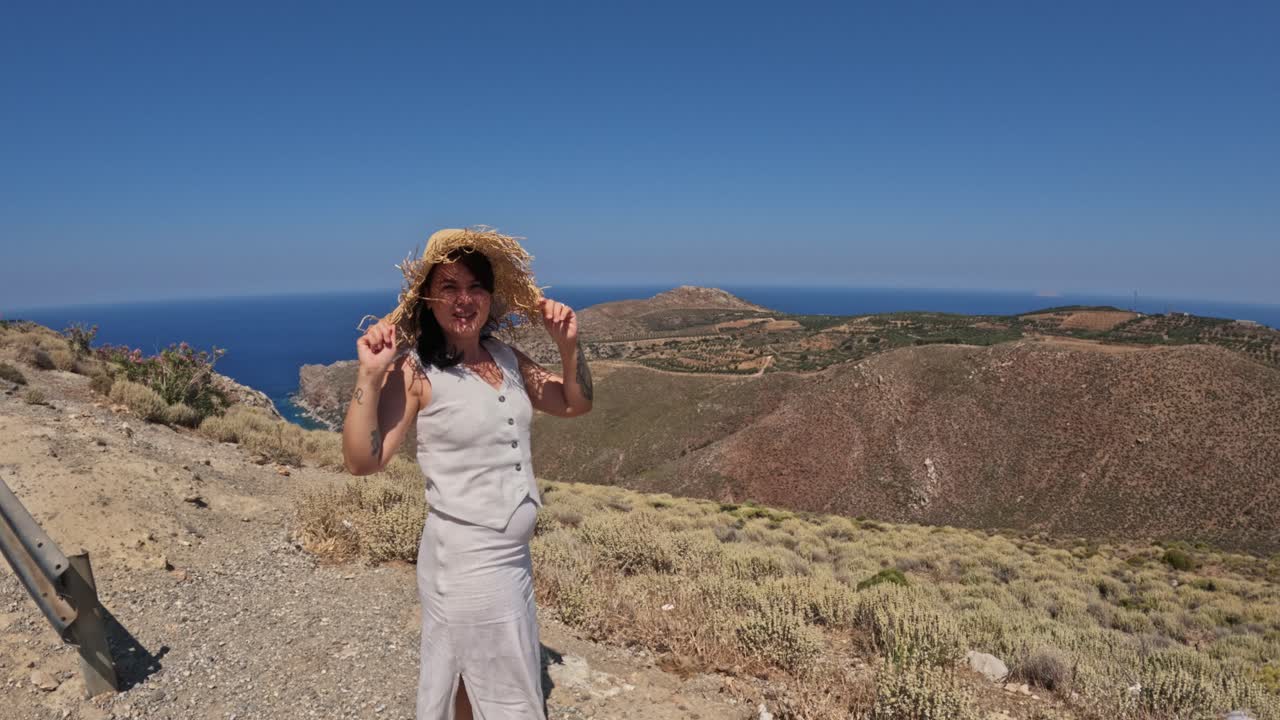 Tourist Woman Appreciating Scenic Landscape Of Chania, Crete, Greece - Wide Shot