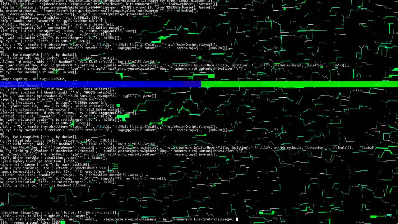 Aerial view of digital code with green lines on a black background, resembling a hacker's interface