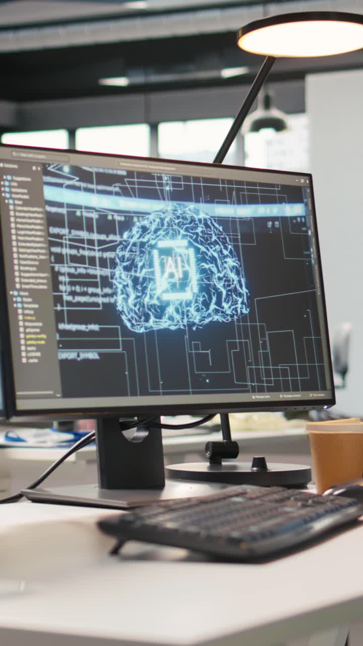 Vertical video PC in empty IT startup office displaying artificial intelligence code