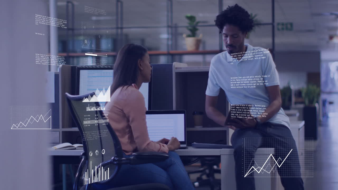 Data analytics and graphs animation over business people discussing in office