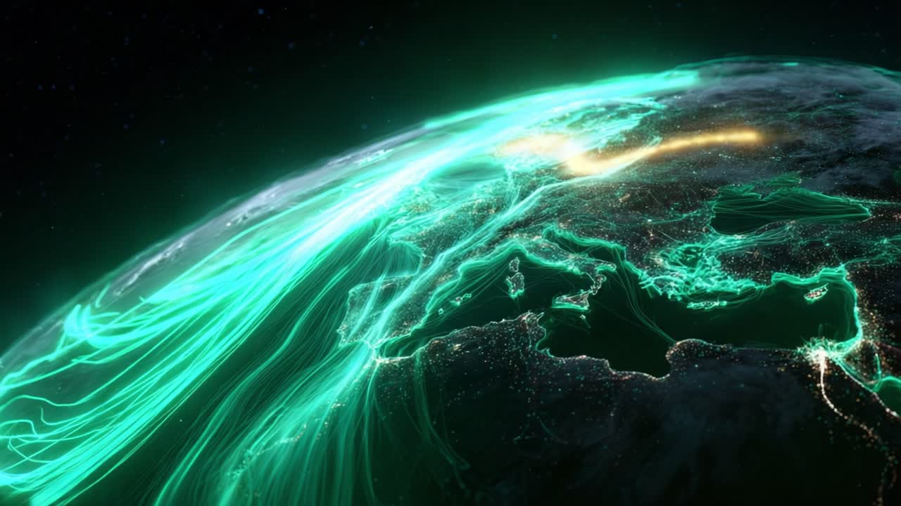 Bright glowing lines representing financial data, internet traffic, or flight paths connecting cities across Europe, the Mediterranean, and North Africa, viewed from space at night