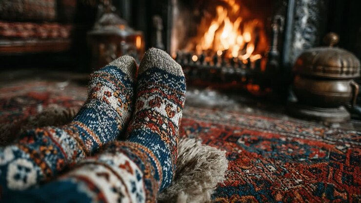 Atmosfera invernale accogliente: piedi caldi in colorati calzini di lana accanto al crepitante caminetto, circondati da invitanti tessuti e una fiamma tremolante in un ambiente casalingo