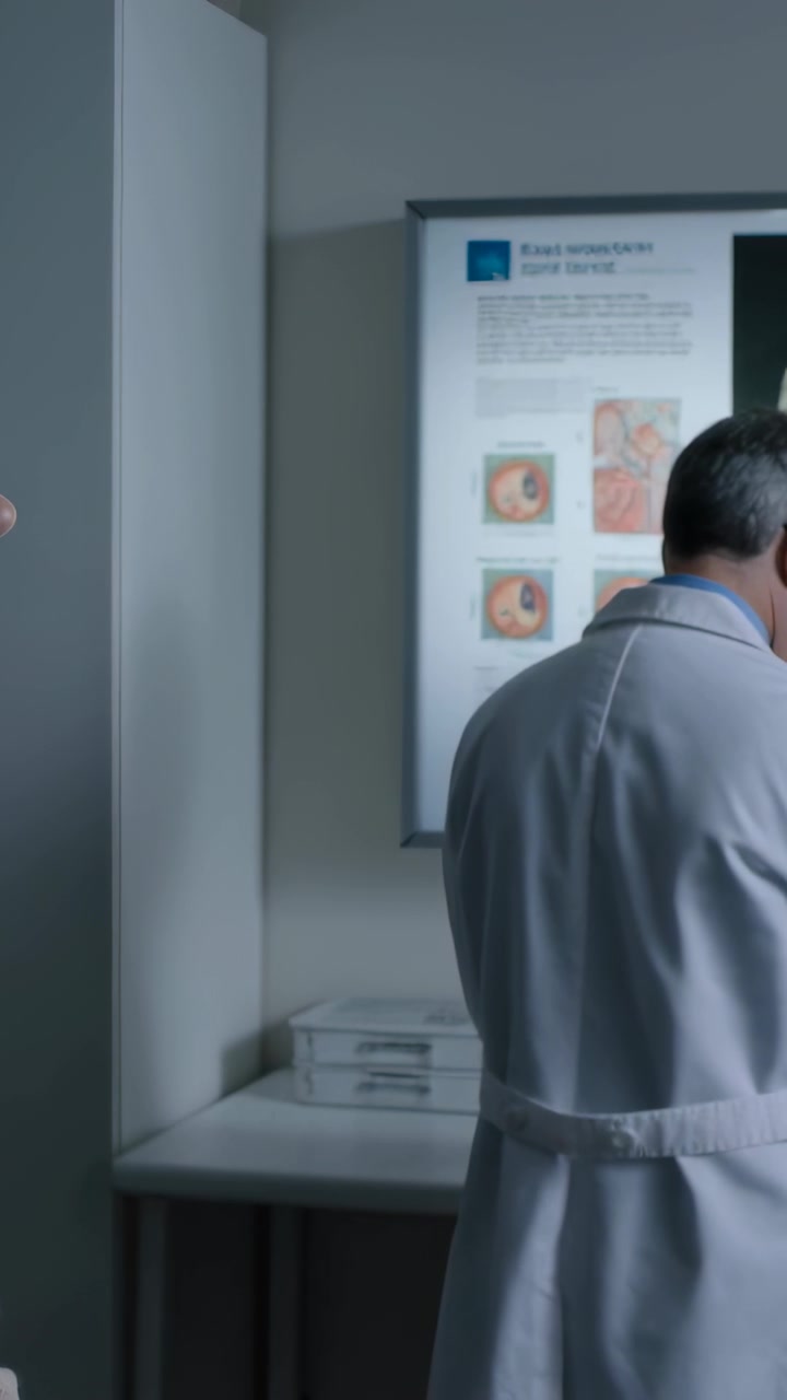 Vertical video: Noticing doctor in coat checking anatomy chart in clinic while patient staying left