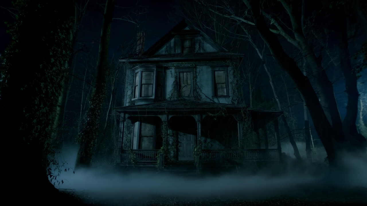 Haunted Abandoned House in a Misty Forest at Night