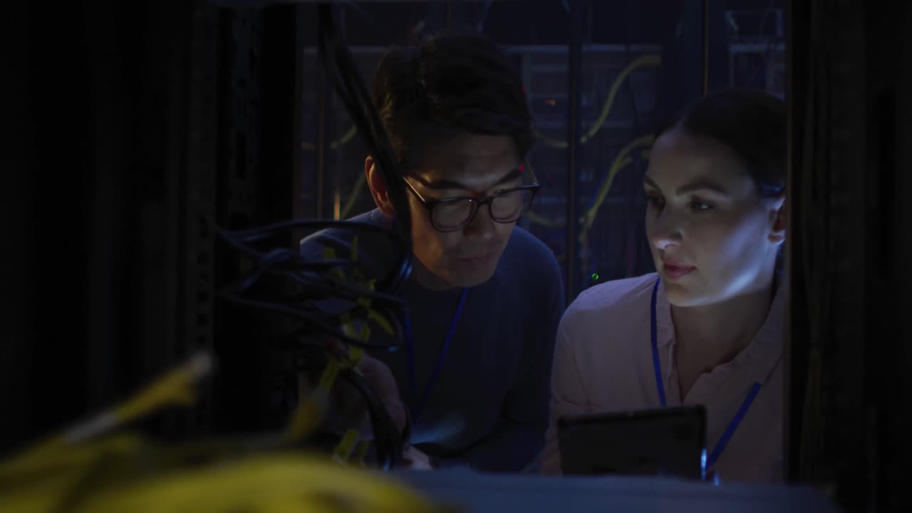 Diverse female and male it technicians using tablet checking computer server