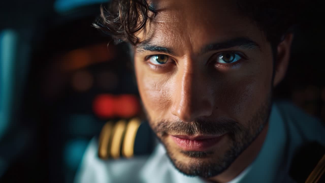 Focused and Confident Pilot in Cockpit, Showcasing Determination and Poise with Striking Eyes and Professional Attire for Aviation Enthusiasts and Aspiring Aviators