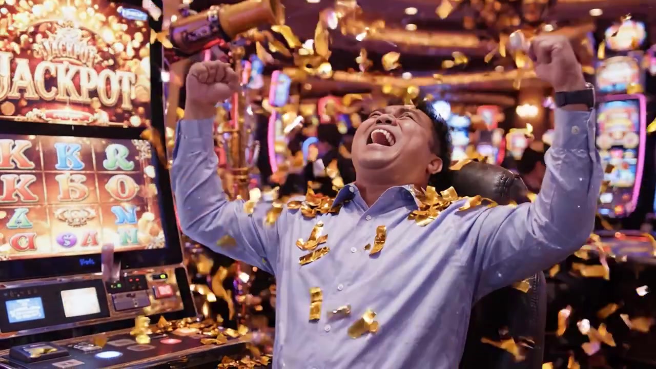 Spændende øjeblikke på casinoet: Fra forventning til fejring, når en spiller vinder jackpotten midt i glitrende konfetti og en glædelig atmosfære