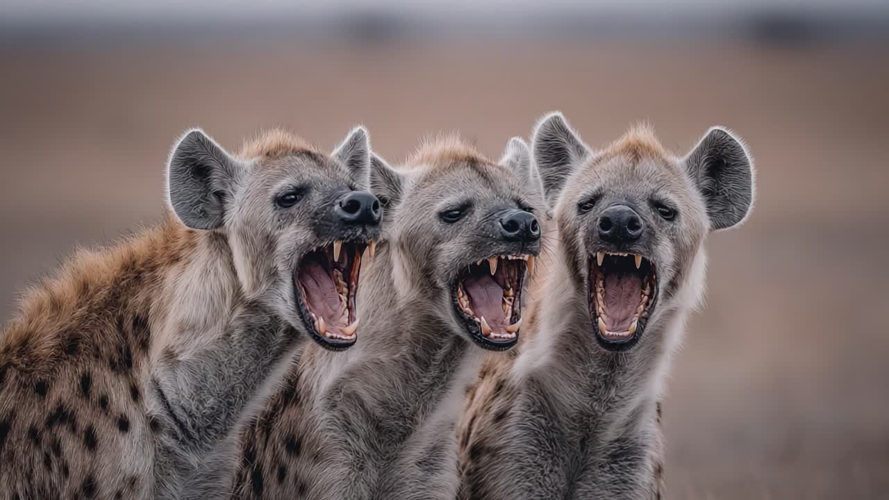 A Close Encounter: Three Hyenas Displaying Their Menacing Teeth and Vocalizations, Captured in Stunning Detail Against a Natural Landscape Background