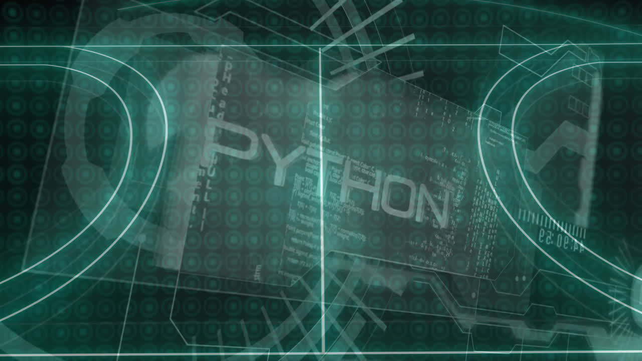 Animation of Python text and binary code patterns on futuristic digital interface