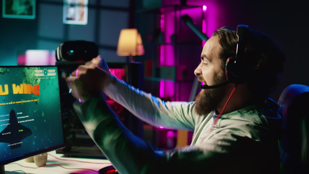 Excited player feeling proud after being victorious in SF videogame