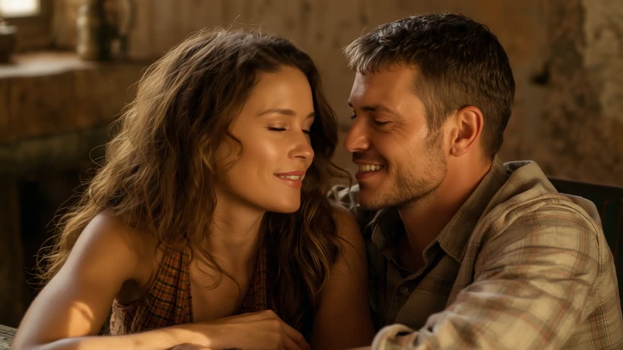 Leaning couple responding to gaze, showing affection at rustic table, sleeveless top, plaid shirt