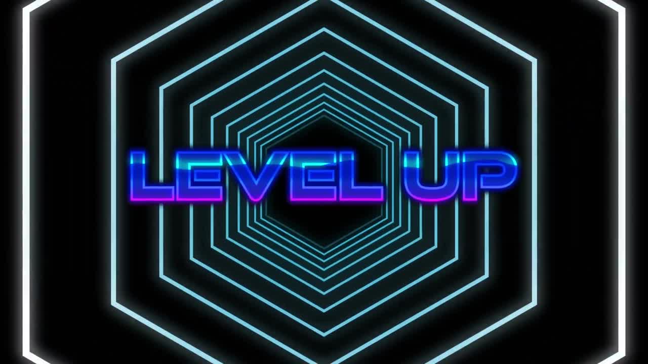 efecto de falla sobre el nivel de ganancia de texto contra hexágonos azules movimiento sin fisuras en fondo negro