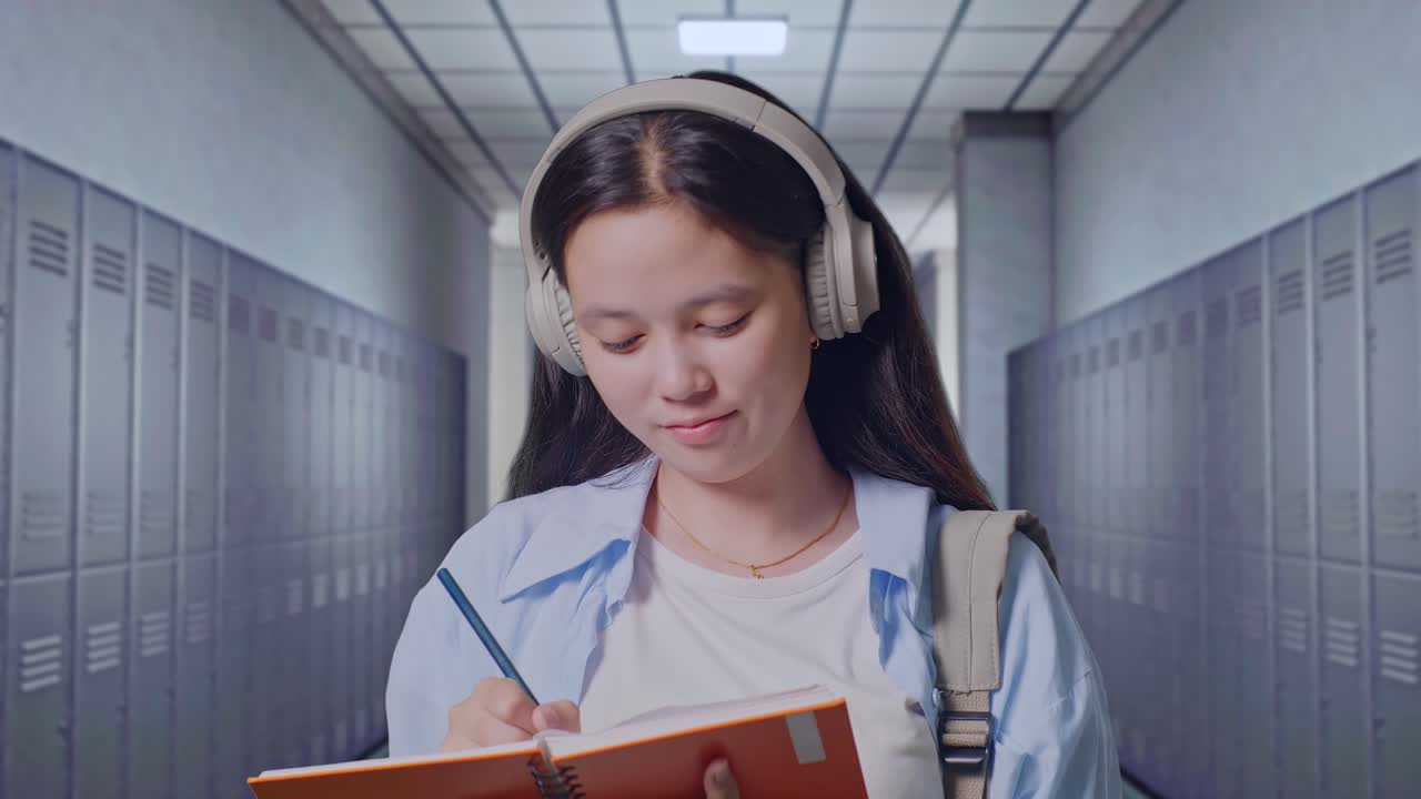복도 에 서 있는 동안 헤드폰 을 착용 하고 노트북 에 메모 를 쓰고 있는 배 을 들고 있는 아시아 청소년 여자 학생 의 근접 사진