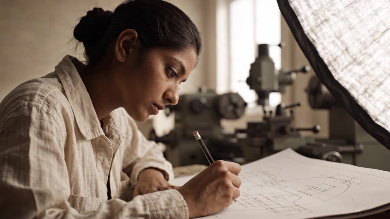 A focused young woman sketches intricate designs at an engineering workstation, showcasing precision and creativity in her craft surrounded by machinery.