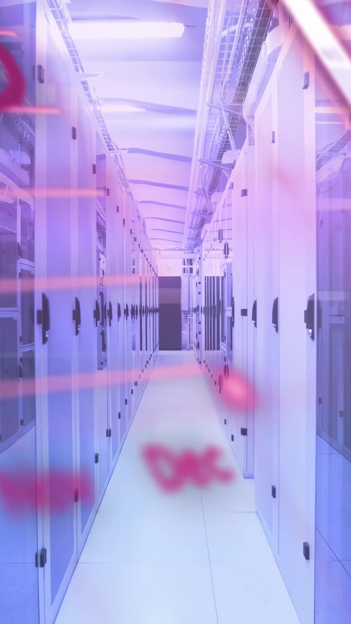 Vertical video: Server aisle staying central as data burst starting pink bars sliding showing load