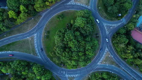Aerial-drone-shot-of-a-UK-round-about-in-High-Wycombe,-England