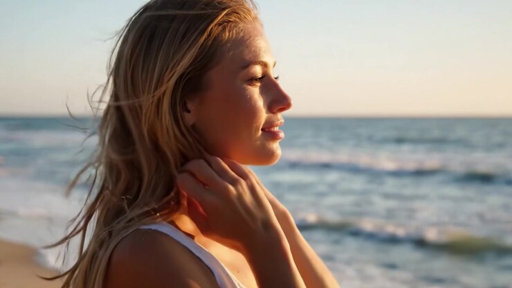 Una donna serena in riva al mare, che accoglie la luce dell'ora d'oro e la brezza marina, riflettendo sui momenti della vita in spiaggia