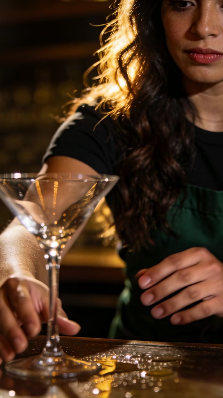 Bartender Places Empty Martini Glass on Wet Bar Counter