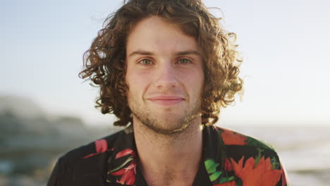 man, face and beach for a tourist holiday abraod