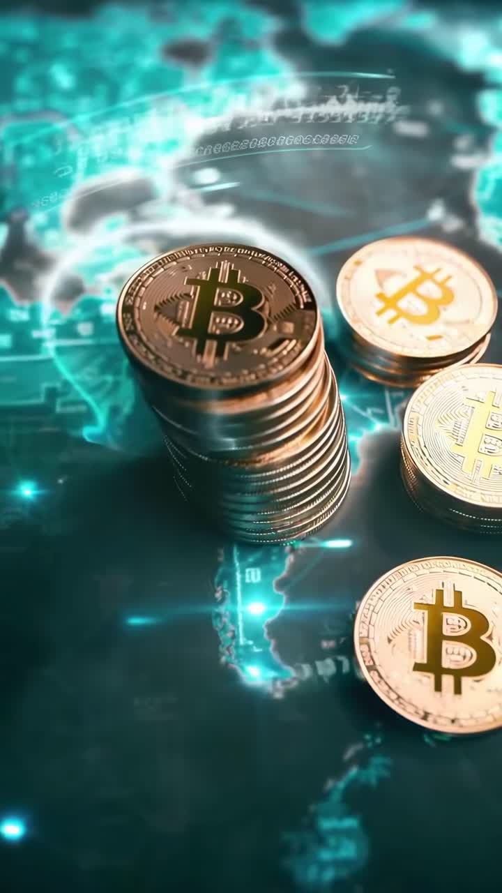 Concepto de video en picada de bitcoins apilados sobre un mapa digital del mundo, brillando en verde azulado