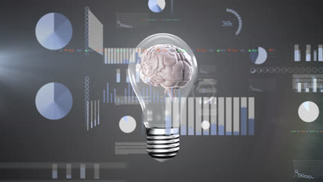 animation of human brain, light bulb and data processing