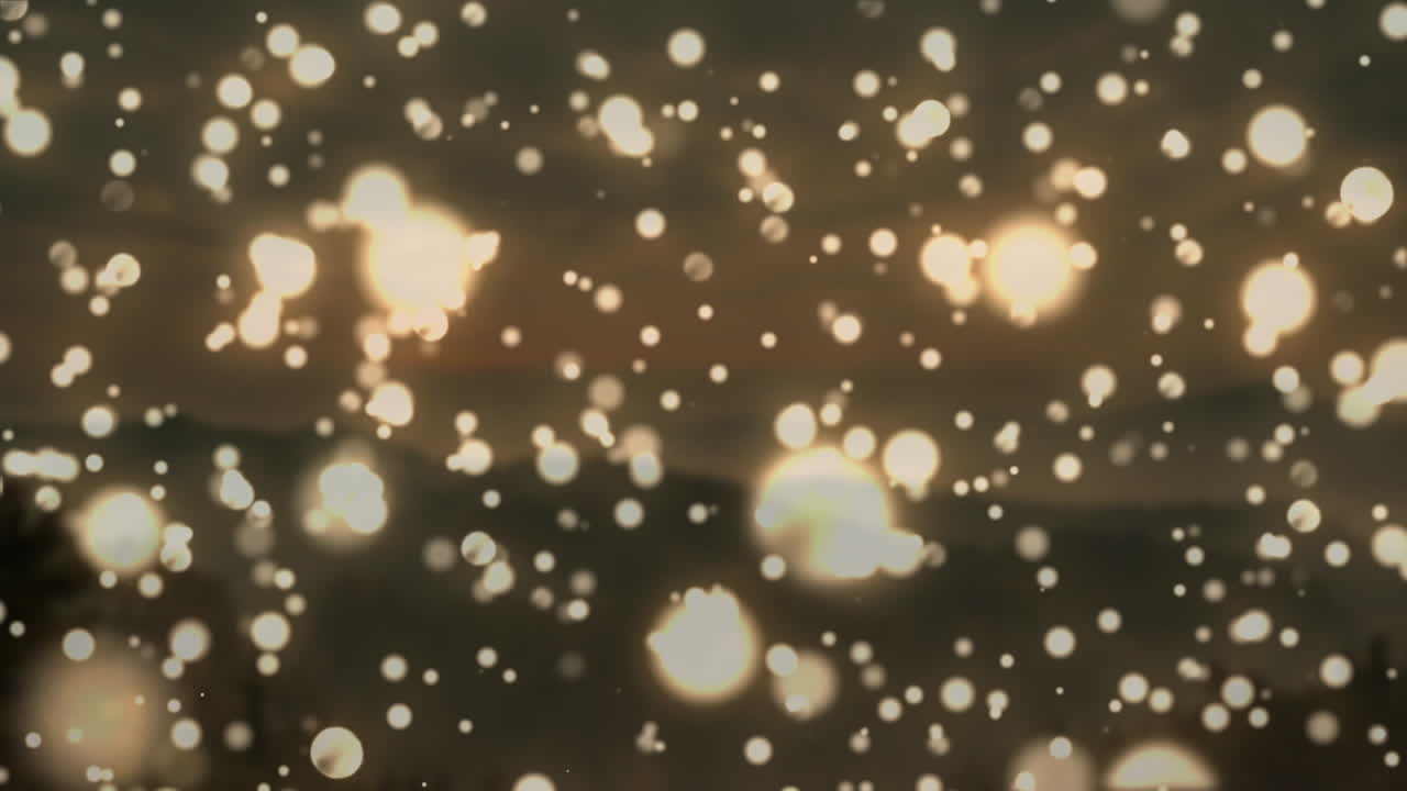 Animation of white christmas flickering spots over mountains in background
